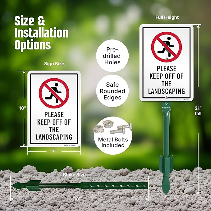 SmartSign 10 x 7 inch “Please Keep Off Of The Landscaping” LawnPuppy Yard Sign and 18 inch Stake Kit, 40 mil Laminated Rustproof Aluminum, Red, Black and White, Set of 1