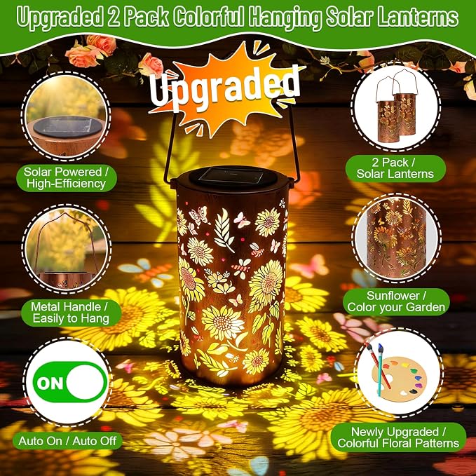 2 Pack Colorful Solar Lanterns Outdoor Waterproof, Garden Decor Gifts for Women Mom Grandma - LED Sunflower and Hummingbird Solar Powered Lights Metal Hanging Lantern for Outside Garden Patio Yard