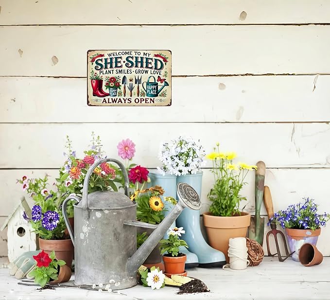 Bestylez Garden Gifts Welcome To My She Shed Vintage Gardening Signs for Home Garden Greenhouse Living Room Bedroom Yard Outdoor Decor 8X12 Inch (3372)