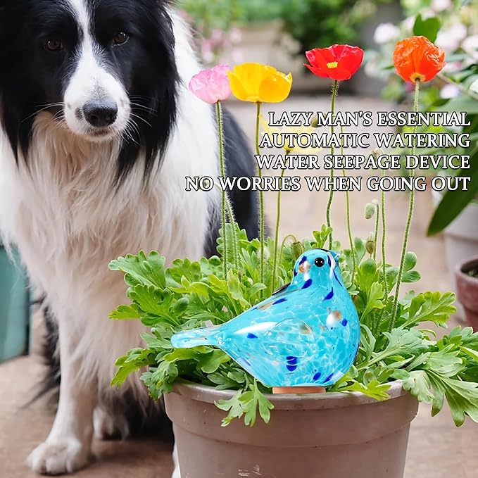 Plant Watering Globes, Bird Glass Self Watering Planter Insert - For Indoor & Outdoor Plants - Glass Plant Water Globes For Daily Use, Planter Spikes To Support Indoor & Outdoor Plant Health, Sky Bule