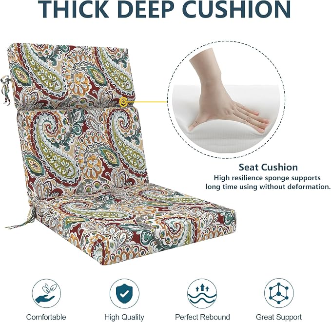 DYTXIII Outdoor High Back Chair Cushions Set of 2, 44"x22" Water Repellent Patio Seat Cushions with Elastic Sponge, All Weather Chair Pads for Rocking, Dining Chairs, Patio Furniture - Paisley Chilli