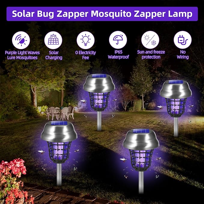 2026 Solar Bug Zapper Outdoor Waterproof Mosquito Repellent Outdoor Patio Mosquito Trap & Killer for Backyard, Farm, Garden, Solar Powered Fly Zapper for Small Flying Insect, Gnats, Flies, Moths(4)