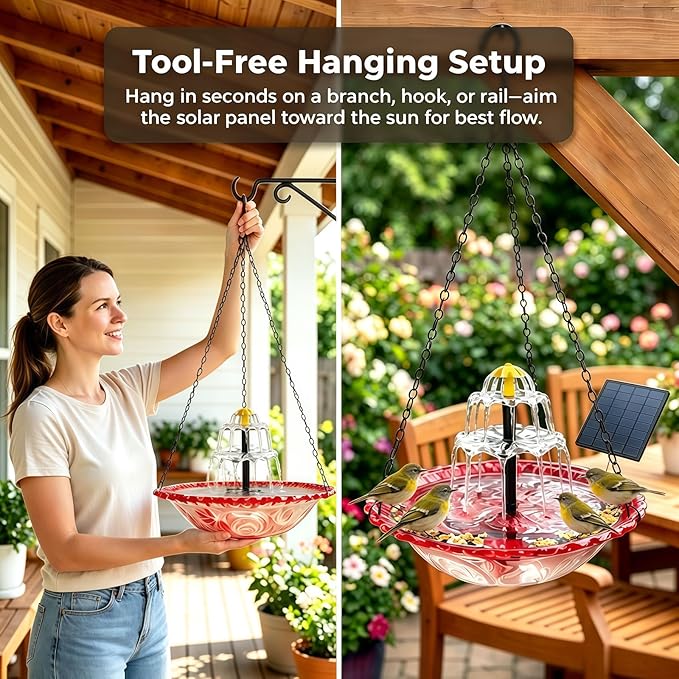 2026 New Solar Bird Bath Fountain, Large Hanging Cascade Water Bowl with Solar Pump, Outdoor Fountain for Hummingbirds, Garden, Patio & Backyard Decor (Purple)