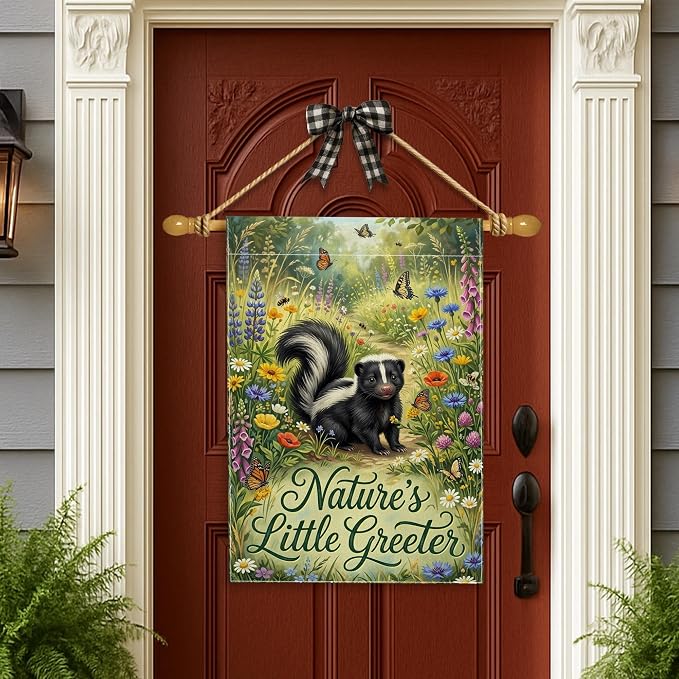 Skunk House Flag, Nature Fanciful Butterfly Flowers Spring Green Burlap Double Sided Front Porch Decorative Flags for Outdoor Yard Lawn Patio Doorway Entrance 28x40 Inch