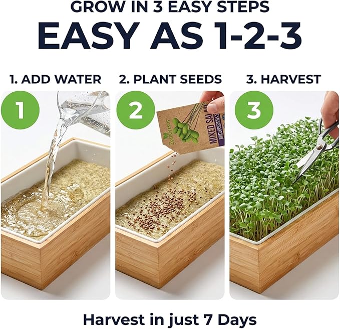 Organic Self-Watering Microgreens Growing Kit – Reusable Indoor Grow Tray with Organic Seeds, Grow Mats & Bamboo Frame – Easy No-Soil Microgreens Starter Kit (Broccoli & Salad Mix)