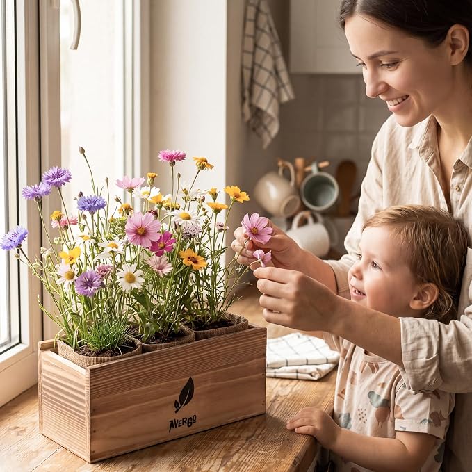AVERGO Wildflower Seed Mix Growing Kit - Perennial Wild Flowers | Ideal Gift - Also Includes Planters, Soil, Wooden Box, and Gardening Tools for Indoor Garden and Patio Planting