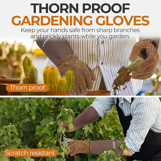 HANDLANDY Long Gardening Gloves for Men & Women, Pigskin Leather Rose Pruning Gloves- Breathable & Durable Gauntlet Glove (X-Large, Brown)