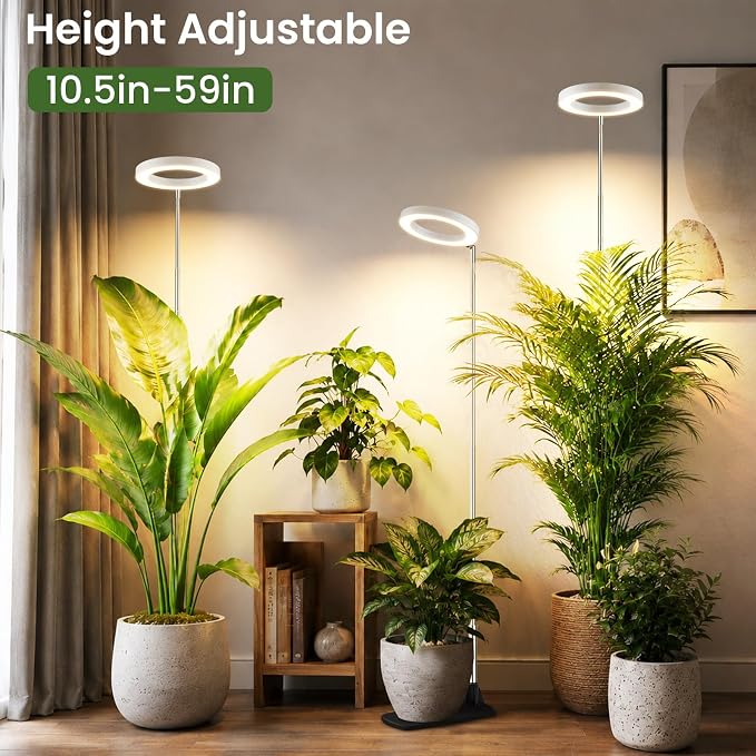 LBW Grow Lights for Indoor Plants, 6.3" Full Spectrum Plant Light with Base, 59" Height Adjustable Grow Lamp, 6/8/12/16H Auto Timer, 3 Color, 5 Dimmable Level, for Tall Large Plants, White,3 Pack