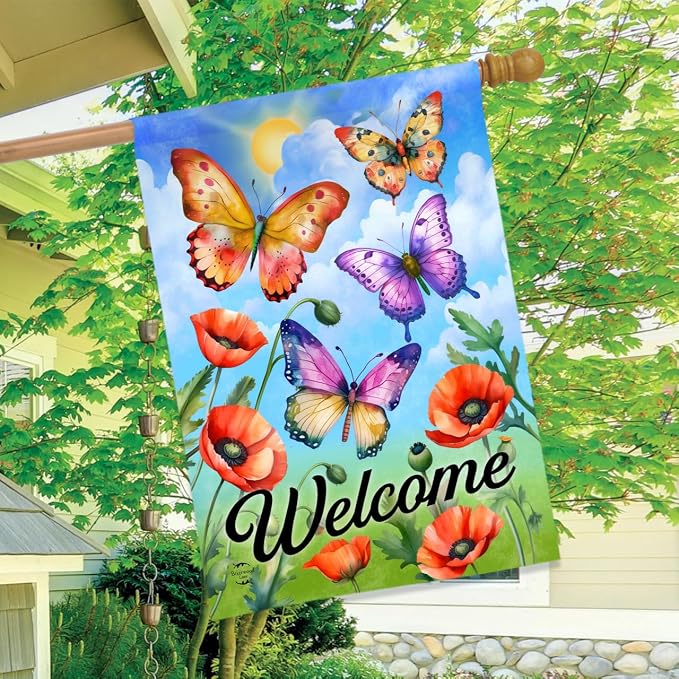 Briarwood Lane Butterflies and Poppies Welcome House Flag
