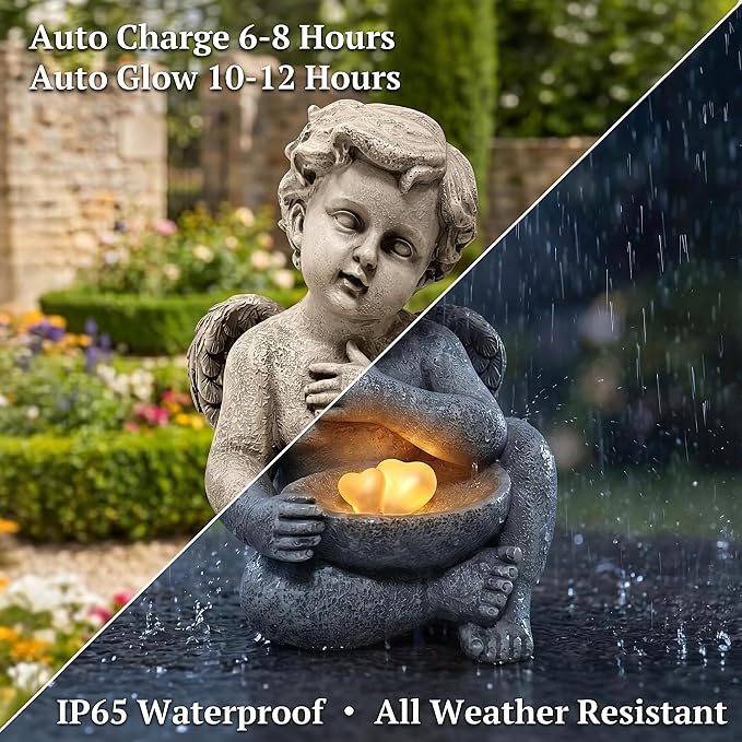 MXwcy Solar Angel Statue with Bird Feeder, 9.06" Resin Angel Garden Statue Solar Lights, Waterproof Angel Garden Decor for Yard Lawn Patio, Memorial Garden Angel Gift for Women Mom Grandma