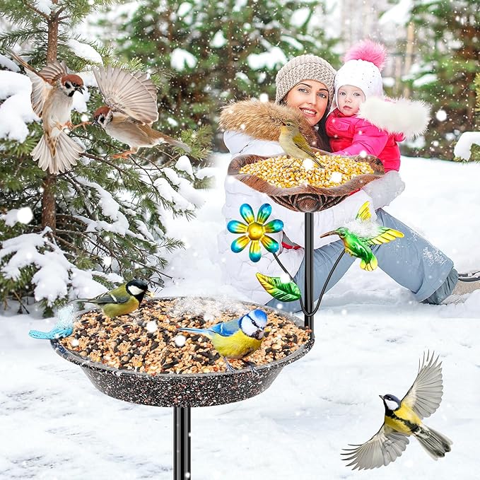 Metal Bird Bath for Outside, Birdbath Bowl Standing Bird Feeders for Outdoors with 5 Prongs Base Stake, Freestanding Birdfeeders for Garden Yard Lawn Decor (Brown 2-in-1 Bird)
