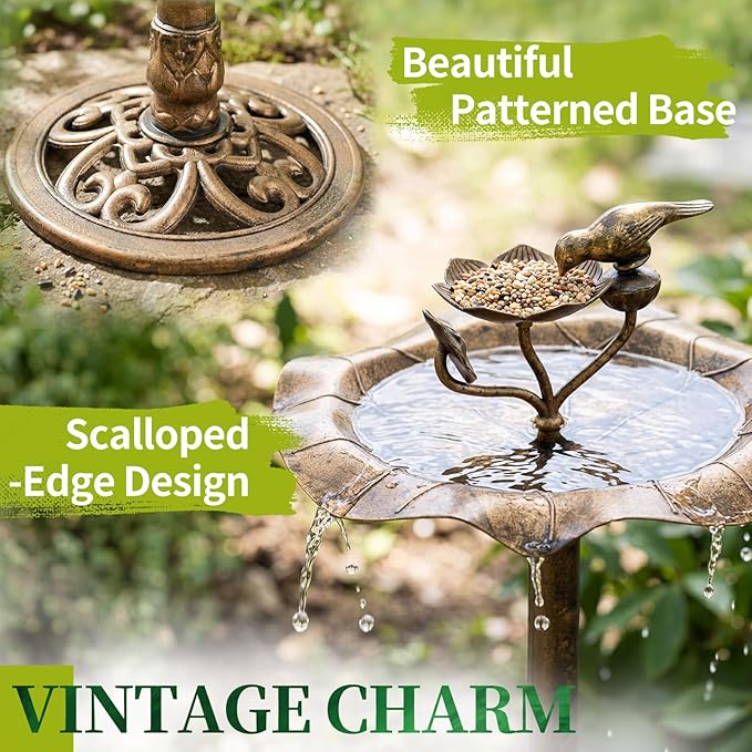 VINGLI Pedestal Bird Bath 28 Inch Antique Copper Resin Birdbaths Weather Resistant Floral Accents and Vintage Finish Garden Decor for Outdoor Lightweight Courtyard… (Copper-with Bird Feeder)