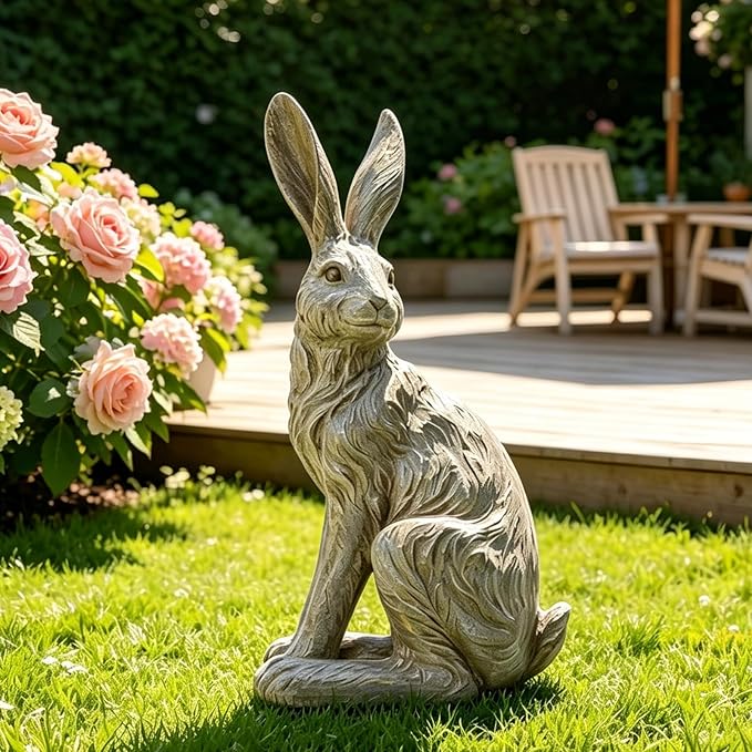 DiliComing Outdoor Rabbit Garden Statue - 12 Inch Large Easter Bunny Decor Grey Resin Animal Sculpture for Home Lawn Yard Decorations Womens Gifts