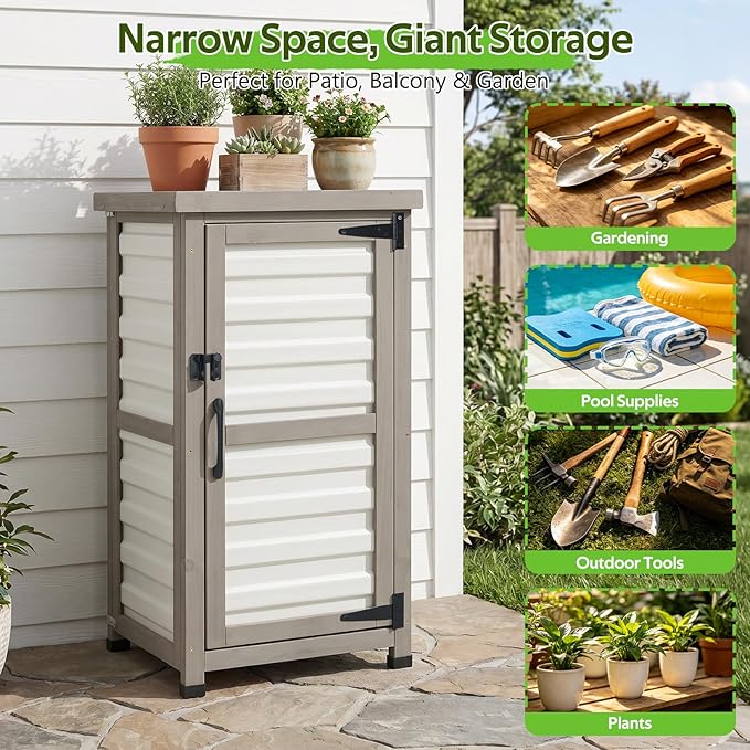 Small Outdoor Storage Cabinet with Metal Top, 2-Tier Patio Potting Bench & Garden Tool Organizer, Adjustable Shelf Corner Storage Cabinet for Balcony Backyard Porch