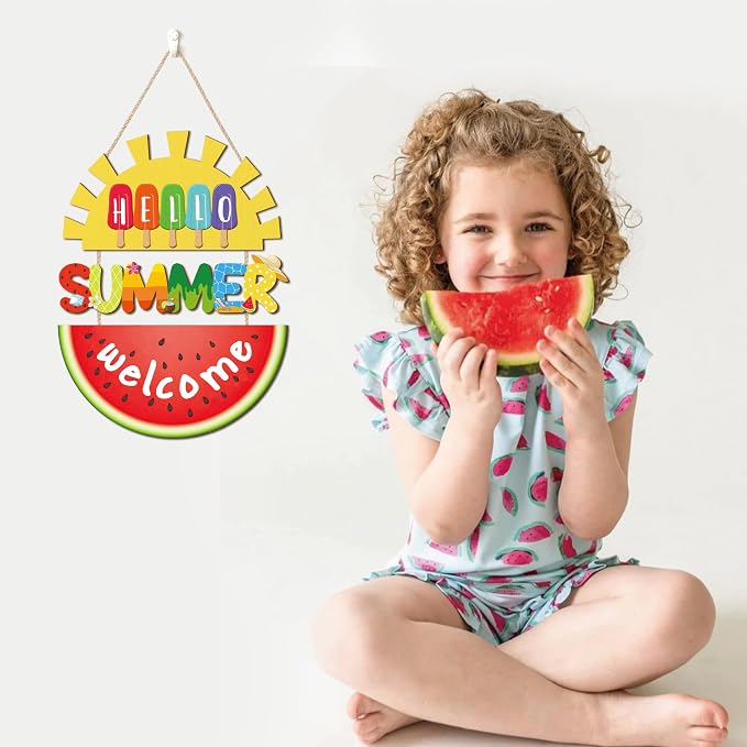 HOURIA Hello Summer Welcome Front Door Sign,11.4"*14.6"Inch Watermelon Sunshine Wood Hanging Plaque for Wreath,Colorful Summer Ice Cream Door Hanger for Porch Garden Farmhouse Indoor Outdoor