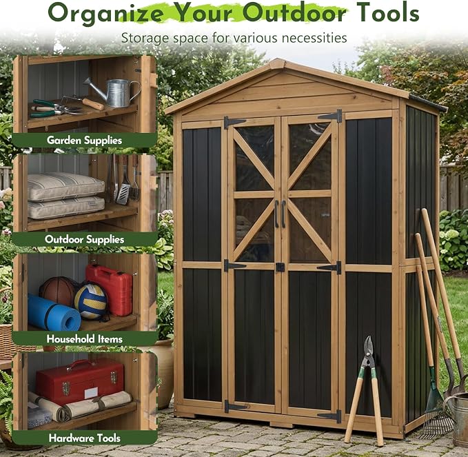 Outdoor Wooden Storage Shed Cabinet with 6 Adjustable Shelves | 48.8'' Tall Outdoor Cabinets with Lockable Double Doors, Transparent Window, Hooks, Reinforced Structure, Waterproof Roof