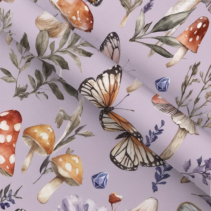 Purple Cute Musrhoom Shower Curtain, Rustic Boho Floral Fabric Shower Curtains for Bathroom, Vintage Chic Wildflower Butterfly Cloth Fairy Witchy Botanical Shower Curtain Set with Hooks 72X72 Inch