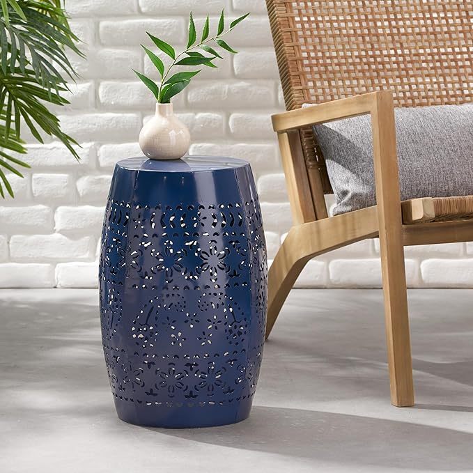 Outdoor 12" Iron Side Table, Outdoor Side Tables End Tables, Anti-Rust Metal Round Hollow Drum Garden Stool Plant Stand Indoor Iron Accent Table for Patio Deck Porch Living Room Bedroom