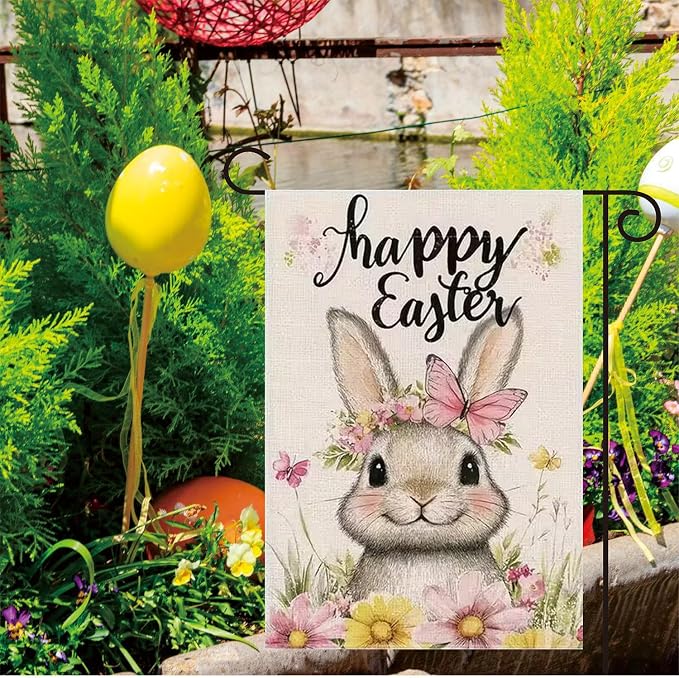 Easter Garden Flag 12x18 Double Sided, Small Burlap Holiday Farmhouse Bunny Garden Flags Easter Outdoor Decorations Yard Flag for Outside Lawn Porch Garden Decor