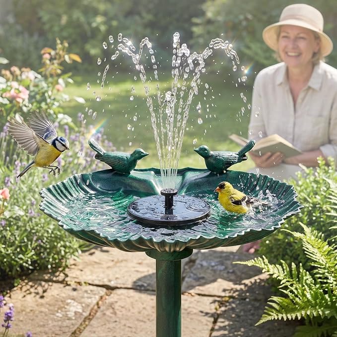 VINGLI Pedestal Bird Bath, Resin Birdbaths Weather Resistant Floral Accents and Vintage Finish Garden Decor for Outdoor Lightweight Courtyard (Green-Shell-Shaped with Solar Pump)