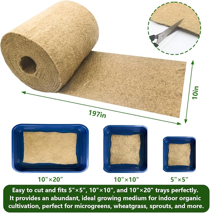 10" x 197" Microgreen Grow Mat, Hydroponic Grow Pads Natural Fiber Grow Mats, Microgreens Growing Kit, Indoor Organic Production for Wheatgrass Sprouts Starter Tray