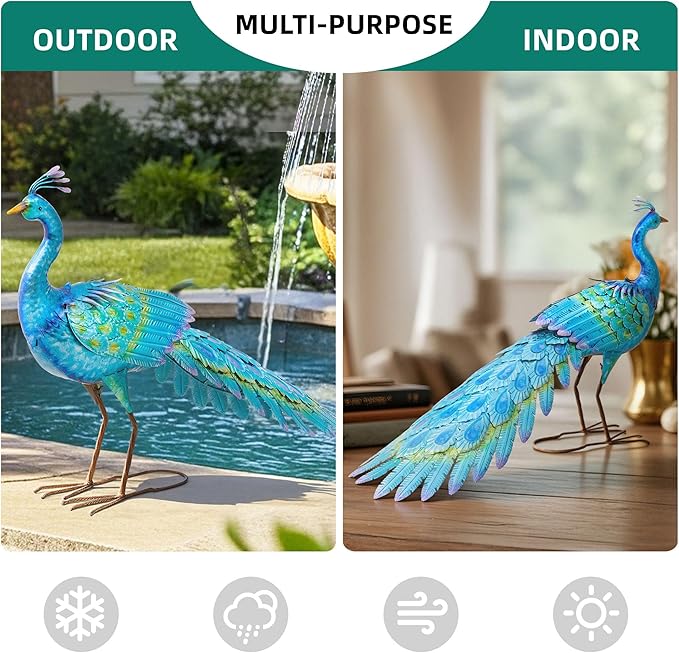 31" L Metal Peacock Garden Statue, Handcrafted Walking Peacock Large Outdoor Yard Art Decor with Iridescent Blue & Green Finish & Ground Stakes, Lifelike Sculpture for Garden Lawn Flowerbed