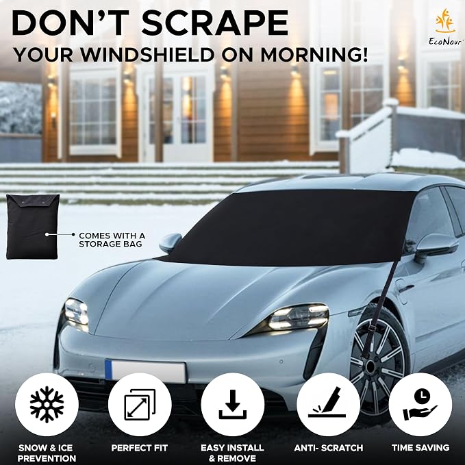 EcoNour Windshield Cover for Ice and Snow | Easy-Install with Adjustable Hooks & Storage Bag | Ice & Snow Protection | Anti-Theft Windshield Covers