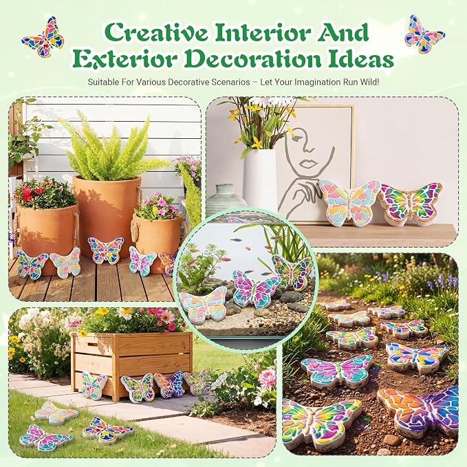 Lewtemi 16 Pcs Paint Your Own Stepping Stones for Craft, DIY Plaster Stepping Stones Garden Decor Painting Art Set for Art Class, Summer Activities & Home Decor (Butterfly)