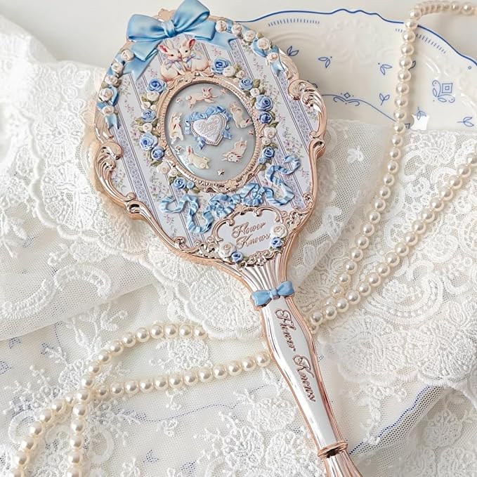 Flower Knows Bunny Garden Collection Hand Mirror,Vintage Portable Handheld Mirror,Fancy & Pretty Princess Mirror with Long Handle,Gift for Girls(Cloudy Blue)