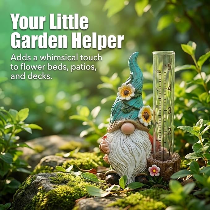 The Bridge Collection Cute Garden Gnome Rain Gauge (Green)