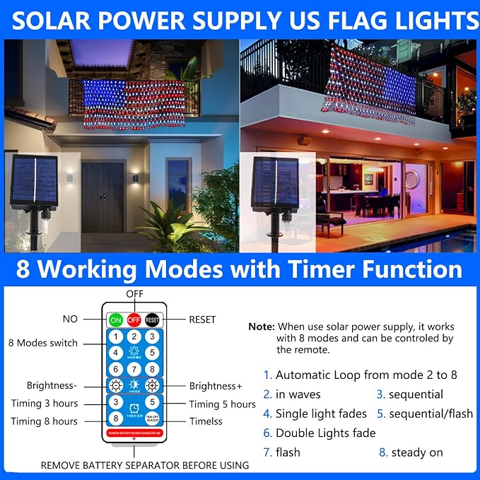 Solar American Flag String Lights - Waterproof 420 Led Solar Powered Flag Net Light for 4th of July Memorial Day Decorations Yard Garden Christmas Festival Holiday Patriotic Party Decoration Outdoor