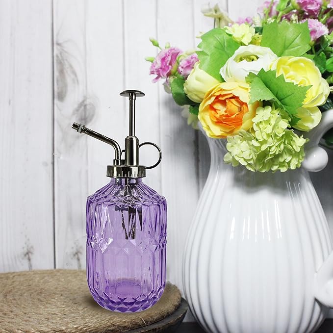 Glass Plant Mister Spray Bottle, 400ML Vintage Plant Spritzer with Top Pump Watering Can for Indoor Outdoor House Plants, Flowers (Purple)