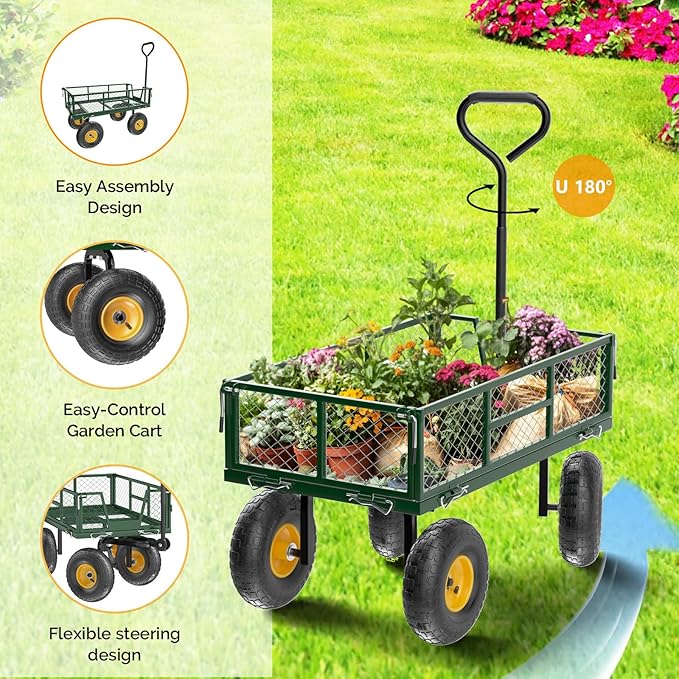VINGLI Heavy Duty 800 LBS Mesh Steel Garden Cart, Detachable Utility Wheelbarrow, Yard and Garden Wagon Cart with Removable Sides and 10 Inch Wheels (Green)