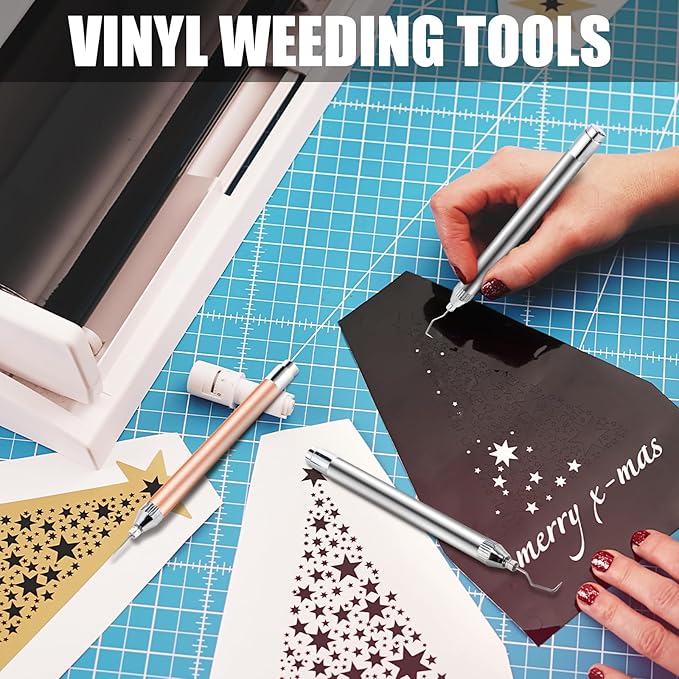 Therwen 2 Pcs LED Weeding Tools for Vinyl with Light Pin Hook Lighted Weeding Pen for Removing Iron on Tiny Vinyl Paper Silhouette Cutting Machines Supply(Rose Gold, Silver)