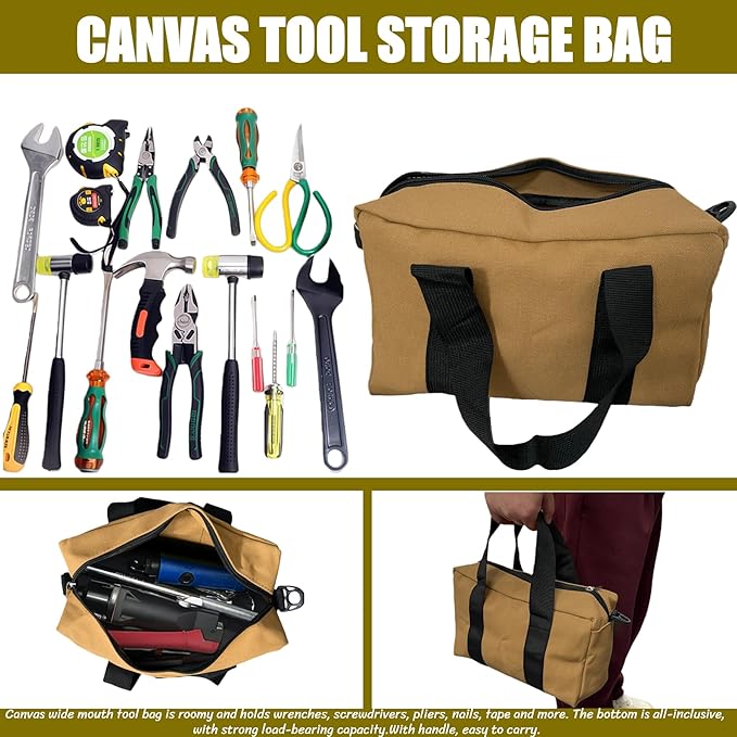 BLIRITEL Wide Mouth Tool Bag, Heavy Duty Canvas Tool Storage Bag, Large Capacity Handbag, Multi-function Tool Organizer Tote Bag for Storage Wrenches Pliers (Khaki, 14 Inch)