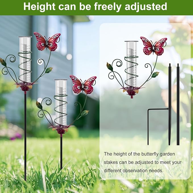 Butterfly Rain Gauge Outdoor Metal Rain Gauge Decorative with Stake Waterproof 8 Inch Rain Measure Gaugefor Yard Garden Patio Lawn