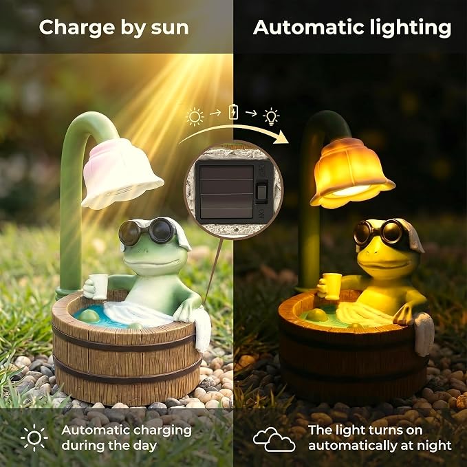 MXwcy Solar Frog Garden Statue with Lights, 6.3" Resin Frog Figurine Solar Garden Decor Outdoor Waterproof Lawn Ornament for Patio Yard, Cute Frog Gifts for Women Mom Grandma