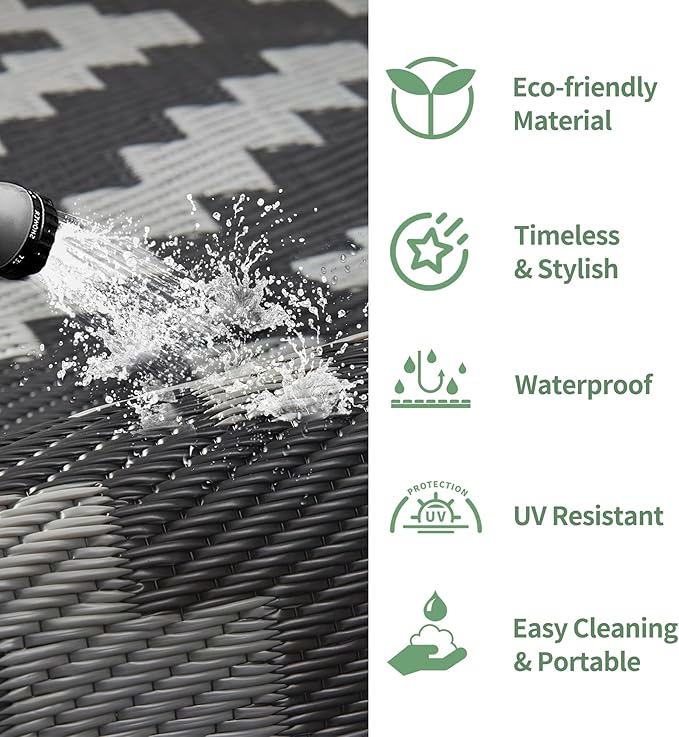 GENIMO Outdoor Rugs 8'x10' Waterproof, Reversible Mats, Area Plastic Straw Rug, Outside Carpet, Geometric Rv Mat for Patio Camping Rv Picnic Backyard Deck Balcony Porch Beach Trailer (Black & Grey)