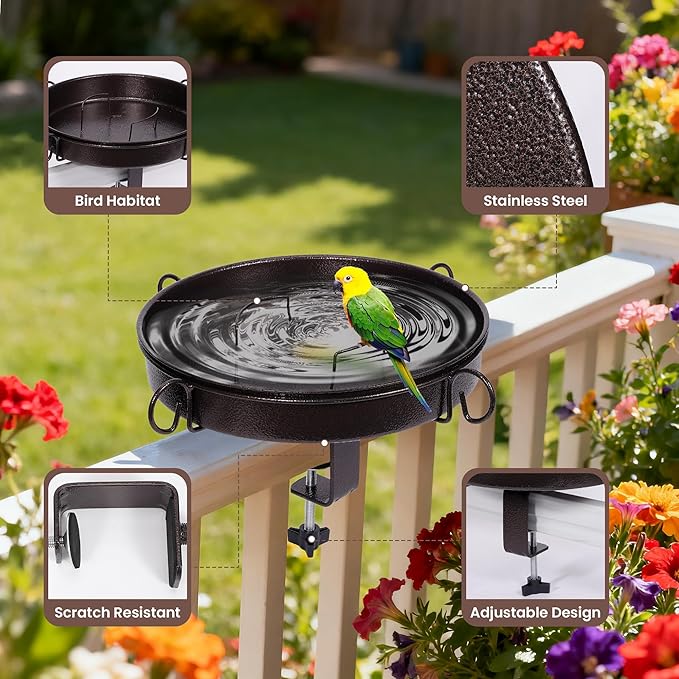 Deck Mounted Bird Bath 12 Inches,with Adjustable Metal Clamp Up to 3.4 Inches,Wall Mount Bird Bath for Railing,Fence,Patio