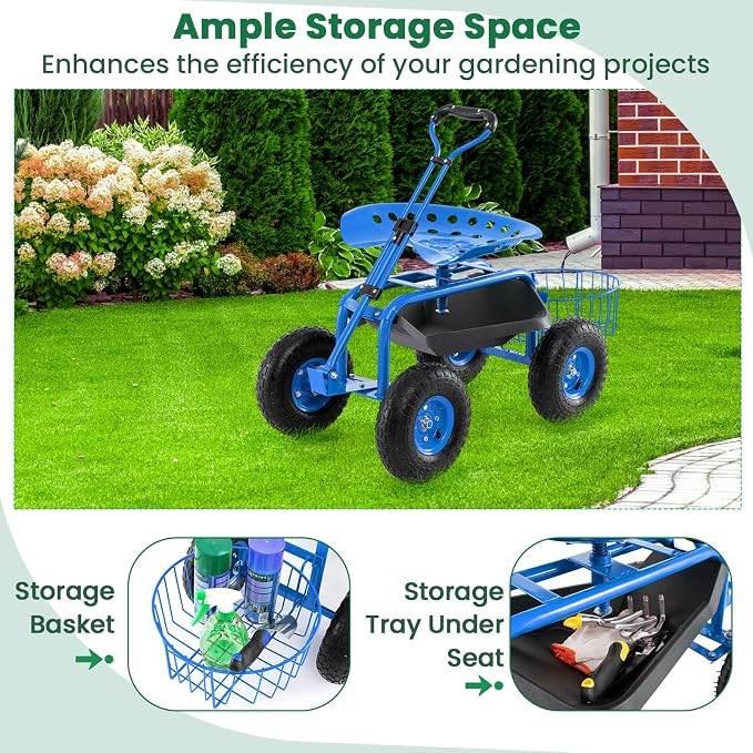 Giantex Rolling Garden Workseat with Wheels, 360 Degree Swivel Gardening Stool Cart with Storage Basket, Adjustable Height, Steering Handle, Steel Frame, Outdoor Work Seat for Planting Triming (Blue)