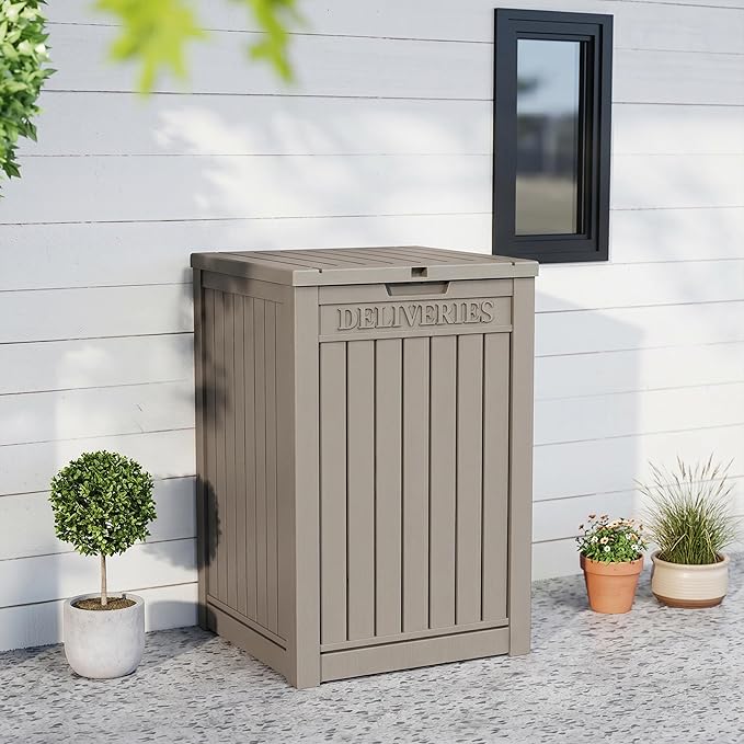 55 Gallon Package Delivery Boxes Outside Secure Waterproof Resin UV Resistant Lockable Mail Parcel Drop Mailbox Storage Deck Box for Outdoor Porch Patio Grey