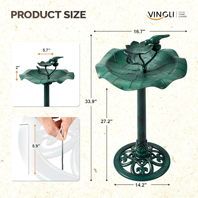 VINGLI Pedestal Bird Bath 28 Inch Antique Copper Resin Birdbaths Weather Resistant Floral Accents and Vintage Finish Garden Decor for Outdoor Lightweight Courtyard… (Green-with Bird Feeder)