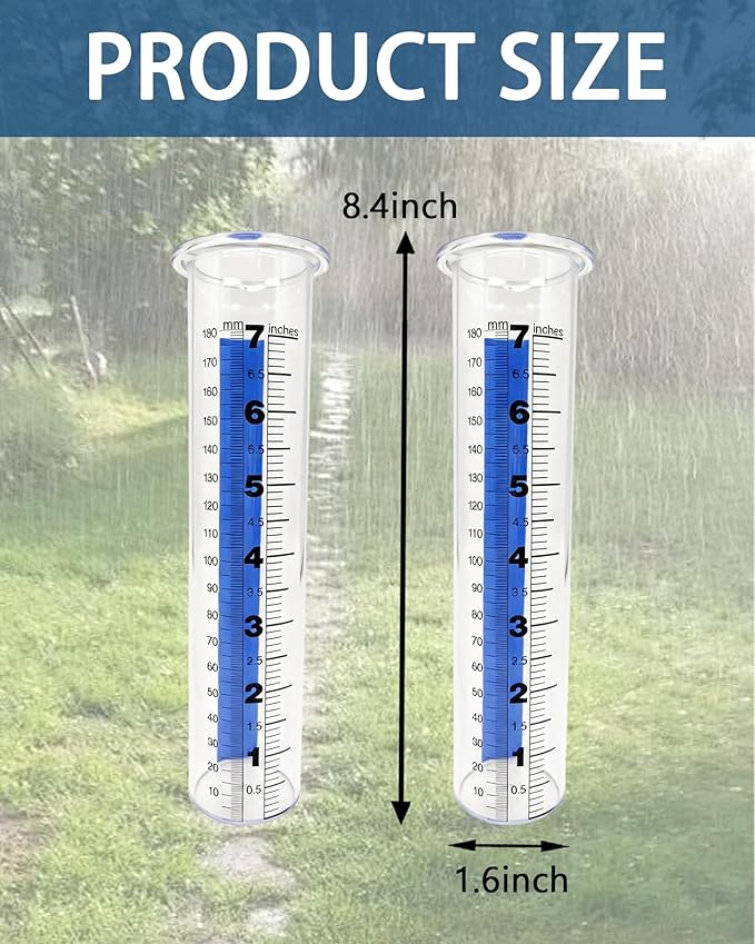 7 Inch Rain Gauge Replacement Tube - Clear Plastic Outdoor Measuring Cylinder for Garden & Yard, Weather-Resistant PS Tube with 0.1-Inch Graduations for Standard Rain Gauge Holders (2-Piece)