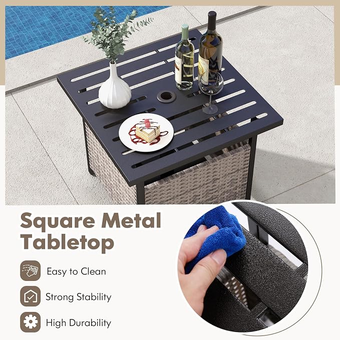 Tangkula Outdoor Table with Umbrella Hole, Rattan Umbrella Stand Table, Wicker Outside Side Table with Steel Metal Frame, Patio Bistro Table for Deck Garden Pool Yard, 22 x 22 x 18.5 Inch (Grey)