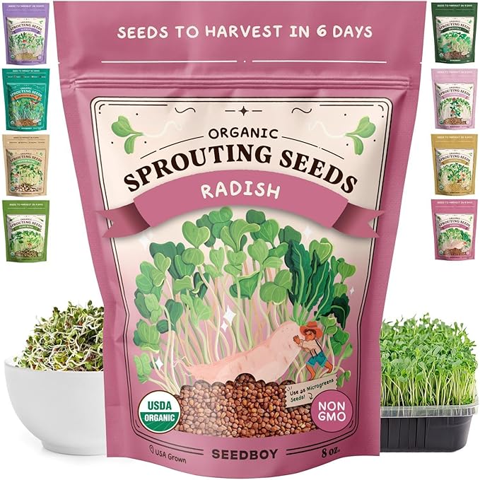 Seedboy Organic Non-GMO Radish Seeds for Sprouting - USA Grown Microgreens Sprouting Seeds - 8 oz Bag Makes 8 Quarts / 32 Servings (Daikon Radish)