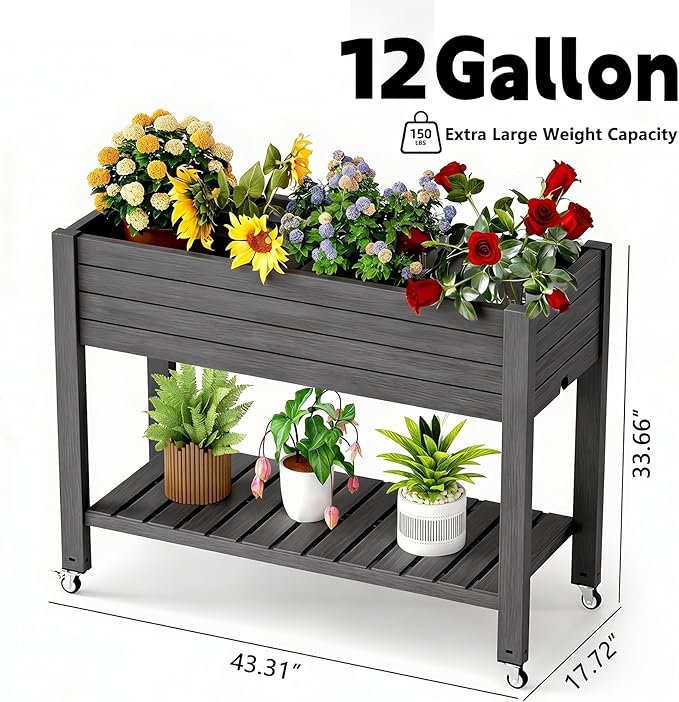 Elevated Raised Garden Bed with Legs, 33.66" Tall Self-Watering Resin Outdoor Planter Box with Storage Shelf, Drain Plug Water & Monitor for Plants Vegetables Flowers Fruits (Black)