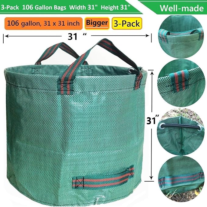 Professional 3-Pack 106 Gallon Large Lawn Garden Bags(D31,H31 inch) Reusable Yard Waste Bags with Gardening Gloves for Leaf Bag,Yard Debris,Garden Pruning,Lawn Weeds Bag,Grass Clippings Bag 4 Handles