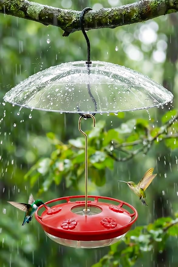 FEED GARDEN Hummingbird Feeder with Rainproof Dome, 16oz Nectar Feeder 11.8" Rain Guard Weatherproof Ant Moat Easy Fill & Clean Hanging Leak-Proof BPA-Free