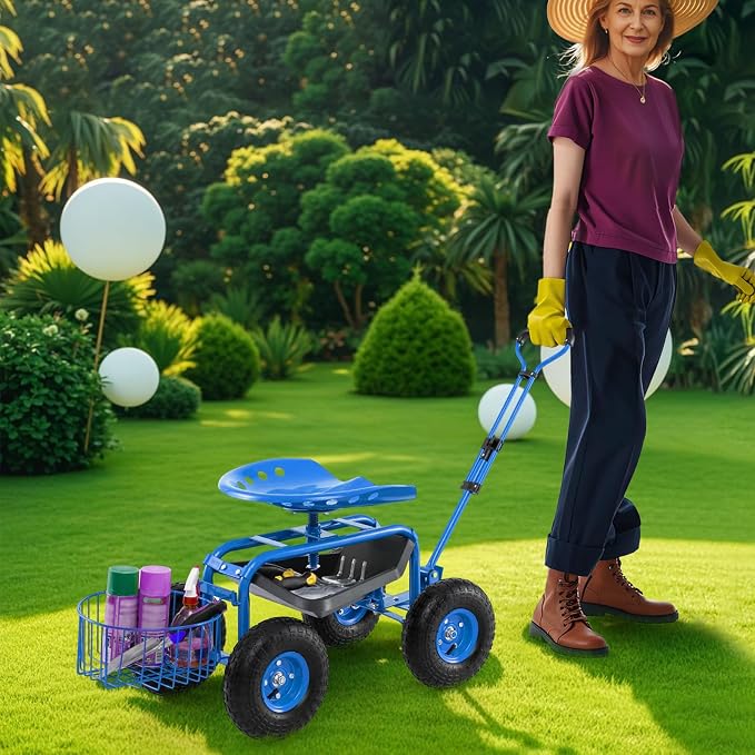 IRONMAX Garden Cart with Seat, Gardening Rolling Stool Scooter with 10’’ All-Terrain Wheels, Adjustable Steering Handle, Tool Tray and Basket, Outdoor Work Seat for Planting (Blue)
