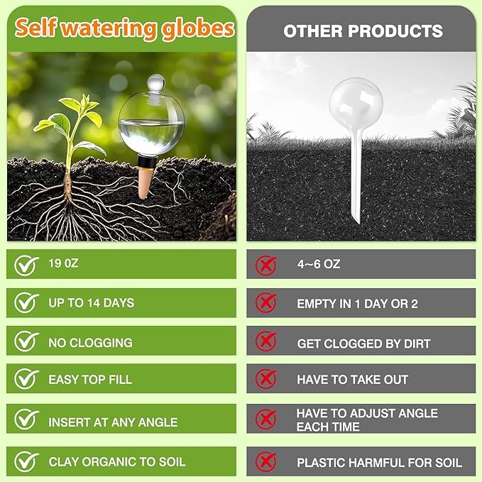 DI QIU REN 19oz Extra Large Self Watering Globes, Automatic Plant Waterer with Glass Stopper - Slow Release Watering Bulbs & Planter Insert, Top-Fill Water Spikes Stakes for Indoor Plants (4, Clear)